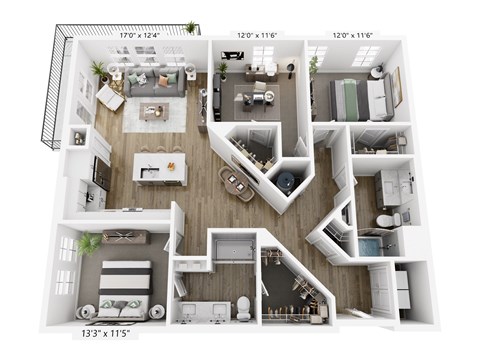 Floor plan for 3 beds, 2 baths, 1413 sqft